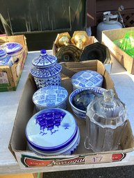 17, BOX LOT #17, Blue/white Nantucket Pottery, Chinese Egg, Dresser Jar, Etc.