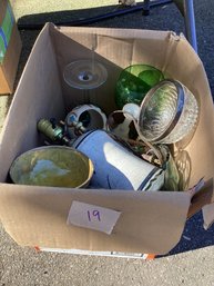 19, BOX LOT #19, Decorative, Large Green Wine Glasses, Pottery Lamp, Etc.