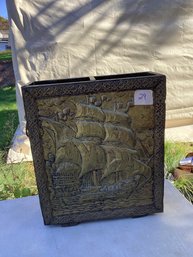 29, LOT #29, Hammered Brass And Solid Wood Umbrella Stand, Nautical, Antique