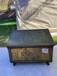 30, LOT #30, Hammered Brass And Solid Wood Trunk, Antique