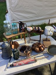 32, TABLE LOT #32, Primitive, Wood, Early Mason Jars, Etc.