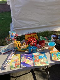 33, TABLE LOT #33, Toys, Tin Litho, Linen-like Books, Mickey Mouse Shelf Liner, Etc.