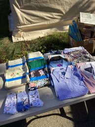 38, TABLE LOT #38, Mens Shirts, Linens, Napkins, Socks, Etc.