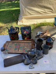 40, TABLE LOT #40, Wooden Ware, Trays, Primitive, Tole Ware, Etc.