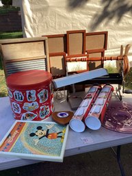 41, TABLE LOT #41, MCM Desk Lamp (working), Mickey Mouse, Newspaper Roller, Etc.