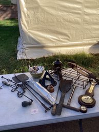 45, TABLE LOT #45, Primitive, Hand-forged Iron, Barometer, Bottle Carrying Rack, Etc.