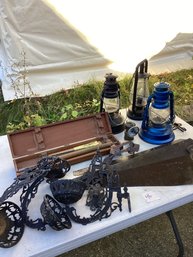 46, TABLE LOT #46, Lanterns, Hand Saws (incl. Brass Handled One), Iron Hanging Lamp, Etc.