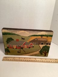 Vintage Folk Painting On Board, Farm Scene