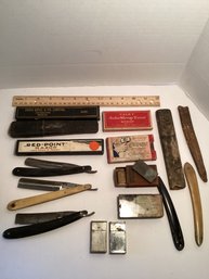 Antique Straight Razors Lot, Hones, Strop, Match Safes, Etc