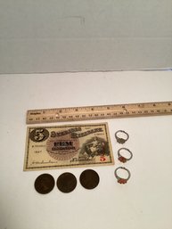 Antique Coins Lot, 19th Century Canadian One Cent, Novelty Rings And More