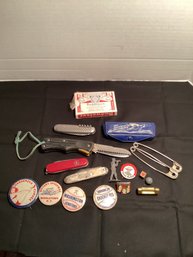 Vintage Smalls Lot, Knives, Pins, Pin Up Girl, And More