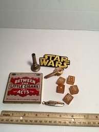 Vintage Small Lot, Poker Dice Set, Cigar Tin, Star Wars Embroidered Patch, Etc.