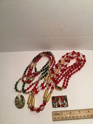 Vintage Long Glass Bead Necklaces And Christmas Pins, Festive!