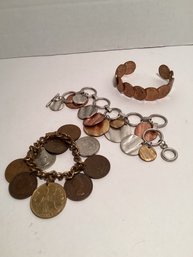 Vintage Lot Of Real Coin Bracelets And More, British Pennies, US Pennies, Etc., Heavy