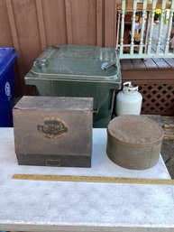 Vintage Steel Tool Or Shop Storage Box, Hinged Front, Plus Large Round Tin, NO SHIP