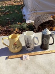 LOT 05, Barware Lot, Ceramic Whiskey Pitchers, Black Glass Stein, NO SHIPPING