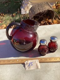 LOT 15, Ruby Glass Water Pitcher, Salt And Pepper, NO SHIPPING