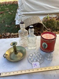 LOT 38, Misc. Antique Lot, Lincoln Bottle Banks, Flower Frogs, Tobacco Tin, Etc., NO SHIPPING