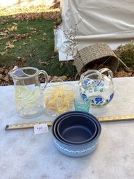 LOT 40, Vintage Glass Pitchers And Metal Bowls, NO SHIPPING