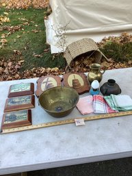 LOT 46, Vintage Wooden Ware, Primitive, Linens, Heavy Brass Pitcher, Etc. NO SHIPPING