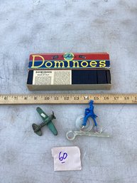 LOT 60, Vintage Toys, Dominoes, Cool Plastic Whistle, Metal Plane, Etc.