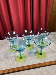 5 Phenomenal Cocktail Glasses With Blue Tops And Uranium Glass Base, MED. BOX SHIP