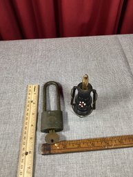 Vintage Solid Brass Padlock With Key And Trench Style Table Lighter