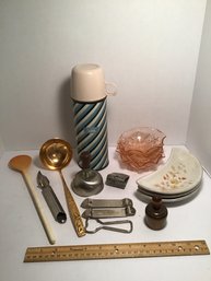 Really Random Vintage Kitchen Lot, Thermos, Pink Depression Glass Bowls