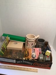 Vintage Box Lot (G), Patriots, Coca Cola, Fishing Lures, Etc.