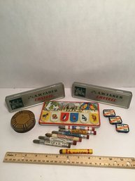 Vintage Tins And Advertising Pencils Lot, Watercolor, Etc.