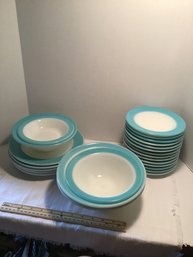 Rare Aqua Rim Pyrex Dinnerware Including Serving Bowls