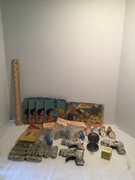 Fun Vintage Toy Lot (C), Dime Store, Novelty, Cap Guns, Compass, Coin Holders, Etc.