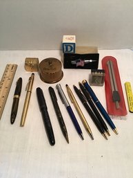 Vintage Smalls LOT D, Pens (2 Gold-filled), Stamps, Tie Clip