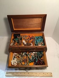 Wooden Jewelry Box Full Of Costume Jewelry, Alex & Ani, Etc.