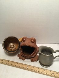 3 Decorative Pieces, Naked Lady In Mug, Frog, Pewter