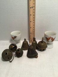 Nice Antique Brass Bells And Porcelain Egg Cups Made In Germany