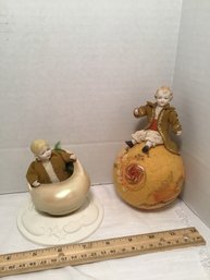 2 Vintage Bisque Dolls, One On Wool Ball, One In Shell