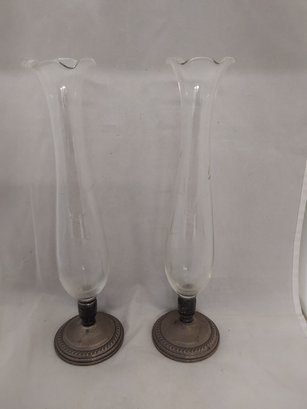 Pair Of Sterling And Glass Vases
