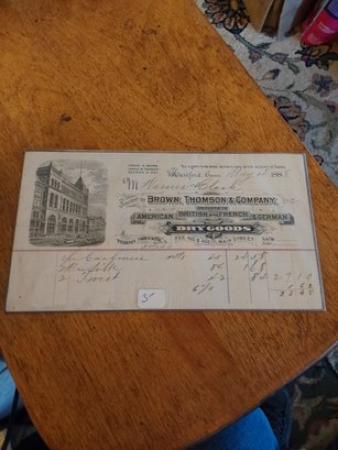 Brown Thomson & Company Merchant Receipt 1888 Hartford Conn