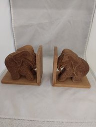 Pair Of Wooden Carved Elephant Bookends