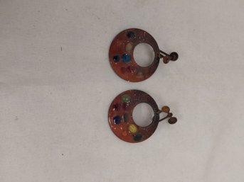 Vintage Decorated Glazed Copper Clip Earrings