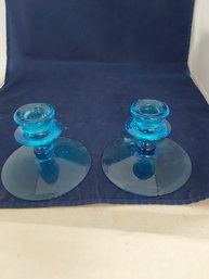 Blue Glass Candlestick Holders