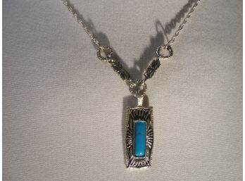 Silver Tone Necklace With Turquoise Stone Pendant
