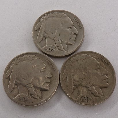 (3) Buffalo Nickels 1928, 1936, 1937