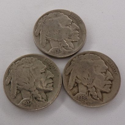 (3) Buffalo Nickels 1936-D, 1936, 1937