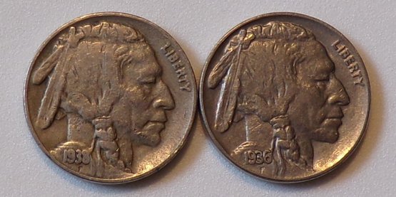 (2) Buffalo Nickels 1936 (AU) & 1938-D (Fine)