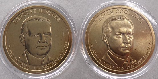 Semi-Key (2 Gem BU Presidential $1), 2014-P Hoover & Coolidge In OGP Plastic Coin Capsule Holders