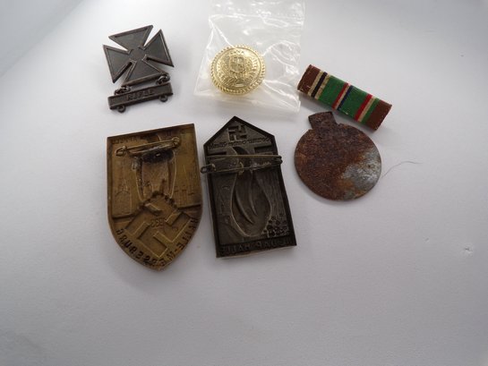 Six Vintage WWII Or Earlier German Military Items (Uniform, Hat Badges, Medals Etc.)