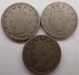 (3) Liberty Head V Nickels 1900, 1907, 1911