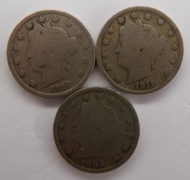 (3) Liberty Head V Nickels 1908, 1911, 1912